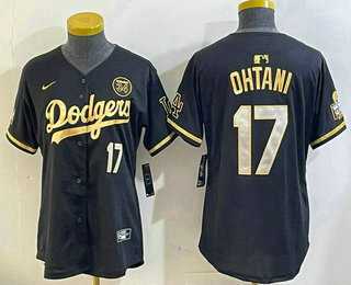 Women%27s Los Angeles Dodgers #17 Shohei Ohtani Black Gold 2024 World Series 34 Patch Stitched Cool Base Jersey